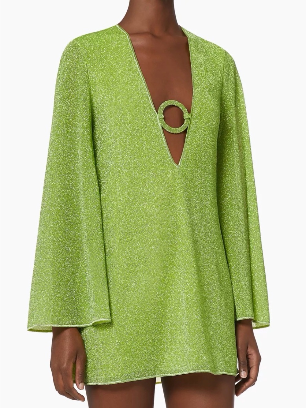 Oseree Lime Green Metallic Swim Coverup with Front Ring Detail S/M